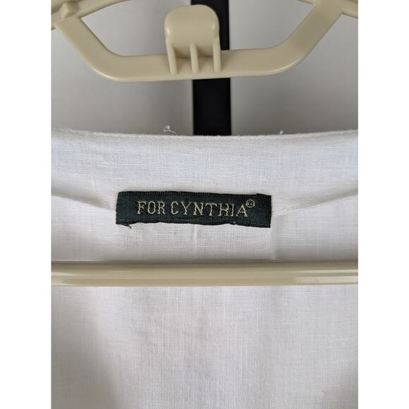 For Cynthia white linen tunic top turquoise blue stitching detail measures 3X - Picture 3 of 6